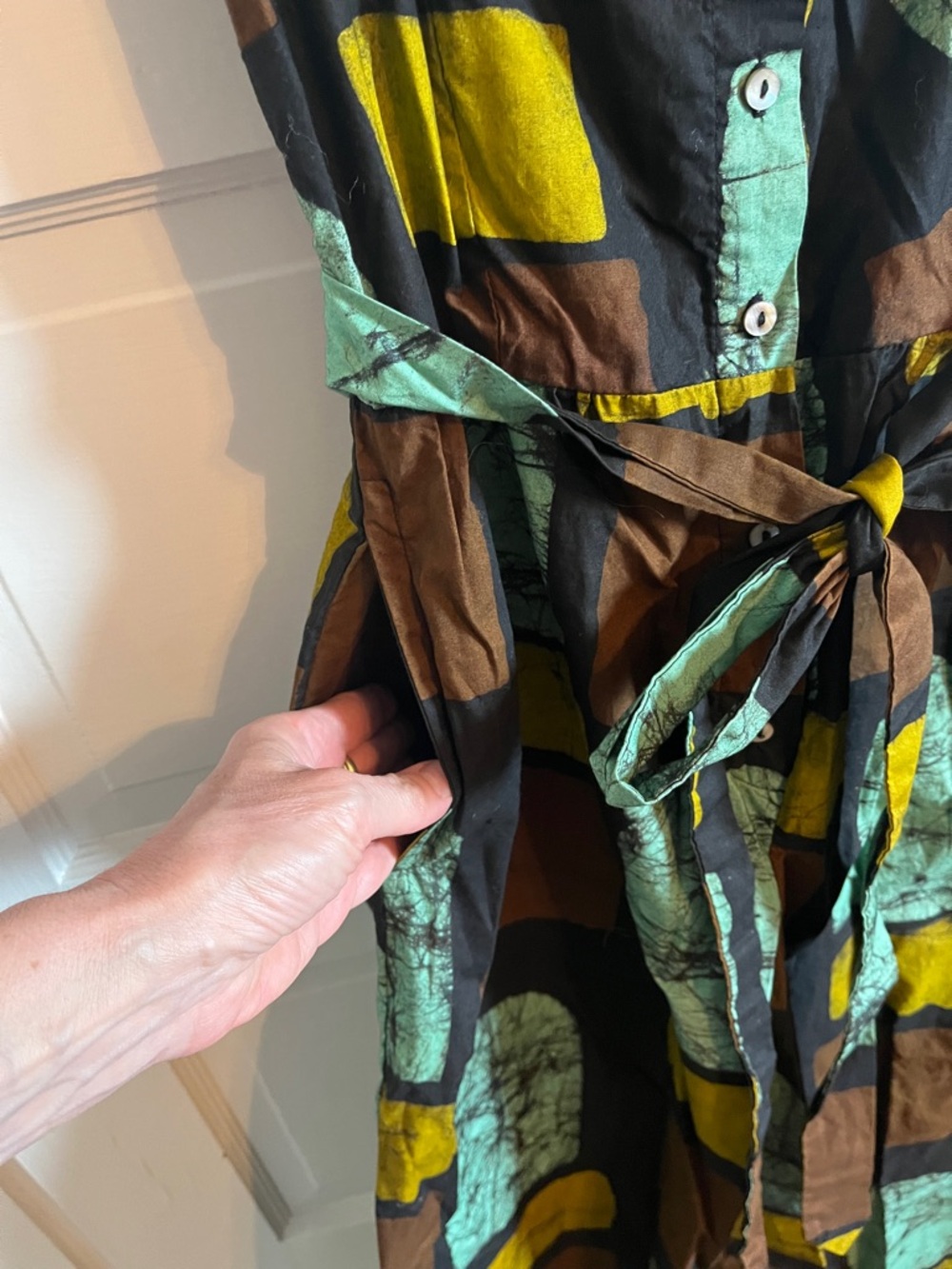Patterned Square-Print Midi Jumpsuit in Teal, Brown & Yellow - Picture 2 of 7